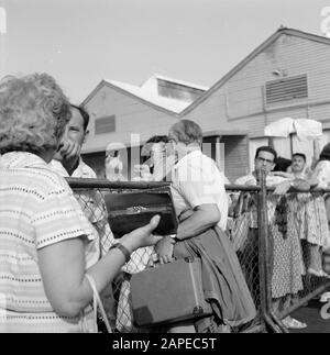 Israel 1964-1965: Haifa, Ankunft der Passagierschiffe Beschreibung: Grüße über den Zaun am Kai im Hafen, während "Picker" auf Anmerkung warten: Haifa ist eine Hafenstadt und Badeort im Norden Israels, am nördlichen Teil des Karmelgebirges und am Mittelmeer. 1945 startete ZIM Lines (Schiffahrtsgesellschaft) als Versender jüdischer Einwanderer in den neuen Staat Israel und wurde zu einer der weltweit größten Schiffahrtsunternehmen mit Niederlassungen weltweit Datum: 1964 Standort: Haifa, Israel Schlüsselwörter: An- und Abreise, Gepäck, Grüße, Zäune, Kais, Reisende Stockfoto