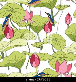 Kingfisher sitzt auf lotosblüten mit weißem Hintergrund nahtlose Vektorwiederholung. Flächenmusterdesign Stock Vektor