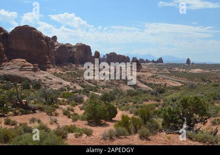 Frühsommer im Arches National Park: Blick vom Garten Eden auf die Pinnacles und Formationen der Windows Section und der La Sal Mountains Stockfoto