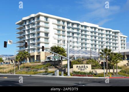 HUNTINGTON BEACH, KALIFORNIEN - 22. JANUAR 2020: Das Pasea Hotel and Spa ist Teil der Mereitage Collection of Luxury Accommodations. Stockfoto