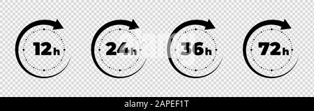 Uhrpfeil 12, 16, 24, 48, 72 Stunden. Satz der Symbole für die Lieferzeit für den Lieferservice. Symbole für die Auswirkung auf die Vektor-Arbeitszeit oder die Servicezeit für die Bereitstellung Stock Vektor