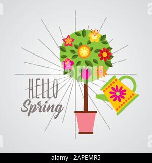 Hallo Frühlingsplakat mit Blumbaum und Sprinkler Stock Vektor