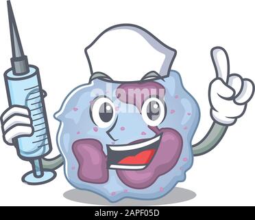 Smiley Nurse leukozyte Zelle Cartoon-Charakter mit einer Spritze Stock Vektor