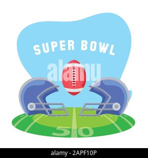Helme und Ball über dem Feld, Super Bowl american Football Sport Hobby Wettbewerb Spiel Trainingsausrüstung Tournement und Spiel Thema Vector Illustration Stock Vektor