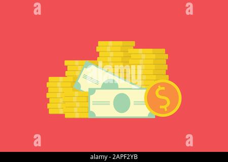 Geschäftsfinanzkonzept, Geldmünzen und Banknoten . Vektor-Abbildung flaches Design Stock Vektor