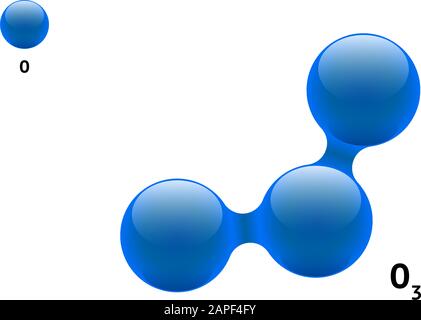 Chemie-Modell Molekül Ozon O3 Gas wissenschaftlichen Element Formel. Integrierte Partikel natürliche anorganische 3d-Molekülstruktur bestehend. Drei sauerstoffblaue Volumen-Atom-Vektorkugeln Stock Vektor