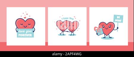 Valentinstag Vector Geschenkanhänger oder Karten-Set mit süßen Herzfiguren Stock Vektor