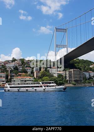 Blick auf die Stadt und die Fatih Sultan Mehmet Brücke vom Flussboot, Istanbul, Türkei Stockfoto