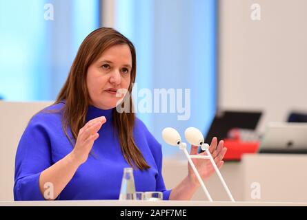 Potsdam, Deutschland. Januar 2020. Manja Schüle (SPD), Brandenburger Ministerin für Wissenschaft, Forschung und Kultur, spricht während der Sitzung des Brandenburger Landtags zum Thema "Initiierung eines Kodex für Gute Arbeit in der Wissenschaft". Kredit: Soeren Stache / dpa-Zentralbild / ZB / dpa / Alamy Live News Stockfoto