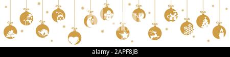 Sammlung von hängenden Kugeln gefärbt Gold mit verschiedenen abstrakten Symbole für Weihnachten und Winter Konzepte Stock Vektor
