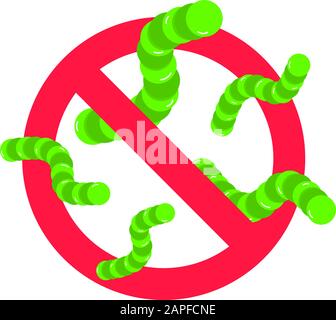 Stoppen Sie Viren und schlechte Bakterien oder Keimen prohobition unterzeichnen. Big Viren oder Edelsteine in die rote STOP-Verteidigung Kreis Flat Style Design Vector Illustration iso Stock Vektor