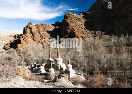 Landschaft aus Felsen und buddhismus Stupas, Hemis gompa oder Hemis Kloster, tibetischer buddhismus Tempel, Vorort von LEH, Ladakh, indien, Südasien, Asien Stockfoto