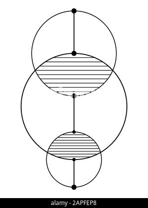 Abstraktes geometrisches Symbol, auf weißem Hintergrund gelötet. Schwarze lineare Formen mit Punkten in den Gelenken, Kreisen. Lineares Logo. Schild für heilige Geometrie. Stock Vektor