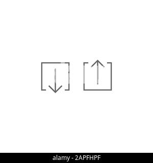 Pfeilschaltfläche eingestellt. Dünner Pfeil nach oben und unten im quadratischen Feld. Flache Symbole isoliert auf weißer Punktlinie. Upload-Symbol. Upgrade. Herunterladen, freigeben Stock Vektor