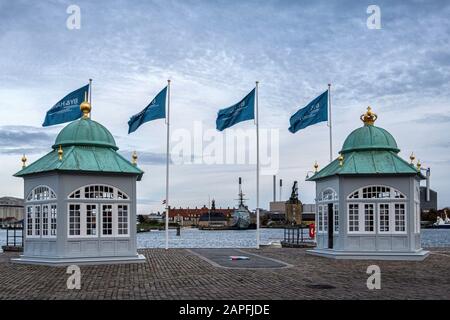 Royal Pavillons im Nordre Toldbod. Kopenhagen, Dänemark, erbaut 1905Benutzt, als die Königsfamilie den Hafen überquert, um HDMY Dannebrog zu besteigen, Stockfoto