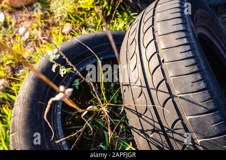 Alten, verlassenen Räder in einem Feld die Umwelt zu belasten. Stockfoto