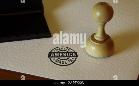 Hergestellt in Amerika Stempel auf Papier. Werk-, Fertigungs- und Produktionsländerkonzept. Stockfoto