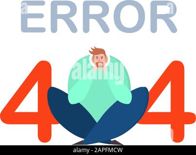 Trauriger Mann, der mit Fehler 404 sitzt Stock Vektor