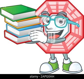 Cooler und cleverer chinesischer Studenten-Maskottchen-Cartoon mit Buch im Quadrat Feng Sui Stock Vektor