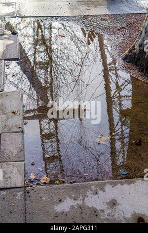 London England Großbritannien 20. Januar 2020 Reflexion des London Eye in South Bank Pavement Puddle Stockfoto