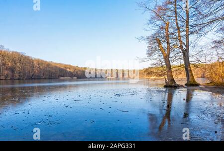 Winterblick Schlachtensee in Berlin. Schlachtensee ist ein See im Südwesten Berlins, im Bezirk Steglitz-Zehlendorf am Rande Stockfoto