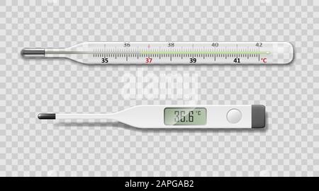 Medizinisches elektrisches und Quecksilberthermometer auf transparentem Hintergrund. Realistisches Temperaturdiagnose-Messgerät. Vektordarstellung Stock Vektor