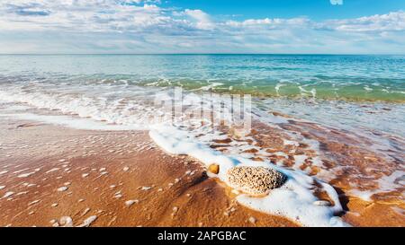 Fantastischer Blick auf das azurblaue Meer und den gelben Sand. Klarer Himmel an einem sonnigen Tag mit flauschigen Wolken. Malerische und wunderschöne Szene. Stockfoto