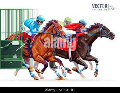 Drei Rennpferde konkurrieren miteinander. Starttore für Pferderennen der Traditionspreis Derby. Hippodrom. Sport. Rennstrecke. Vektorgrafik Stock Vektor