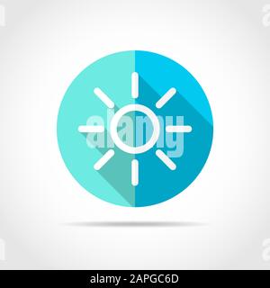 Weiße Sonne in flachem Design mit langem Schatten. Vektorgrafiken. Einfaches Sonnensymbol auf blauem Rundknopf. Stock Vektor