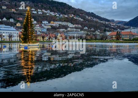 Weihnachtsbaum auf dem gefrorenen See im Zentrum von Bergen, Norwegen Stockfoto