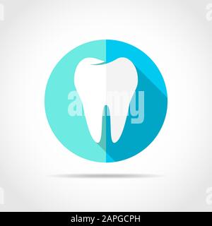 Weißes Zahnsymbol in flachem Design mit langem Schatten. Vektorgrafiken. Symbol für einfachen Zahn auf blauem Rundknopf. Stock Vektor