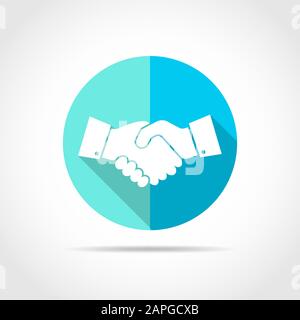 Weißer Handschlag in flachem Design mit langem Schatten. Vektorgrafiken. Einfaches Handshake-Symbol auf blauem Rundknopf. Stock Vektor