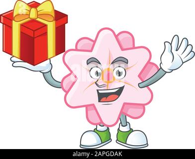 Fröhliches Gesicht chinesische rosa Blume Cartoon-Charakter mit einer Schachtel Geschenk Stock Vektor