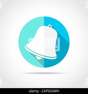 Weiße Glocke in flachem Design mit langem Schatten. Vektorgrafiken. Einfaches Glockensymbol auf blauem Rundknopf. Stock Vektor