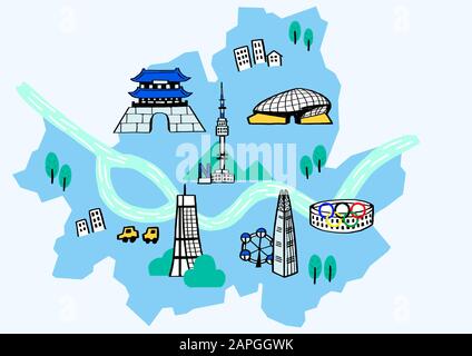 Korea Travel Map Attraktion Tourism Symbol Illustration 002 Stock Vektor