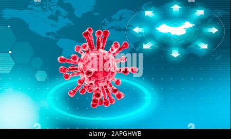 Mikroskopische Sicht auf Coronavirus, einen Erreger, der die Atemwege angreift. Sars. Ansteckung. Infektionskrankheit. Weltkarte mit China Highlight Stockfoto