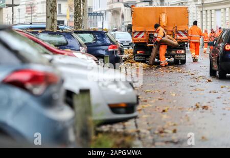 Leipzig, Deutschland. Nov. 2019. Mitarbeiter des Stadtreinigungsdienstes Leipzig entfernen mit einem Blatt-Staubsauger die Blätter von Platanen aus einer Straße in den südlichen Vorstädten. Kredit: Jan Woitas / dpa-Zentralbild / ZB / dpa / Alamy Live News Stockfoto