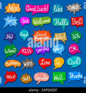 Set mit bunten Sprechklebern mit kurzen Nachrichten, Phrasen und Text Stock Vektor