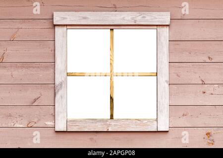 Leeres quadratisches Fenster in rosafarbener Holzwand, Fotostruktur im Hintergrund Stockfoto