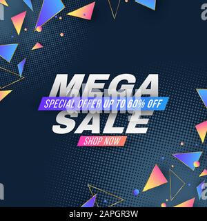 Poster zum Mega-Verkauf. Werbebanner für Ihr Design. Abstrakte geometrische, willkürlich mehrfarbige Polygonalformen. Vektorgrafiken. EPS 10 Stock Vektor