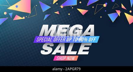Werbebanner für Mega-Verkauf. Abdeckung für Ihr Design. Abstrakte geometrische, willkürlich mehrfarbige Polygonalformen. Vektorgrafiken. EPS 10 Stock Vektor