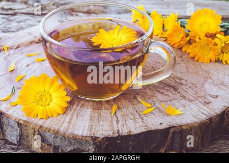 Kräutertee aus Calendula blüht in einem durchsichtigen Glasbecher. Extrakt der Tinktur von Calendula im Becher. Heilpflanzen. Stockfoto