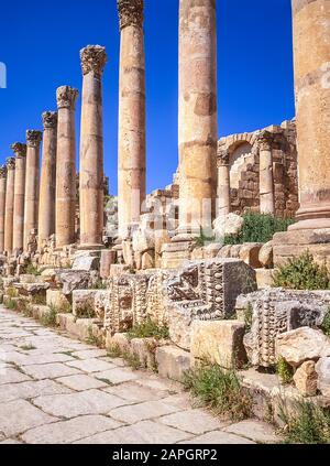 Jordanien. Kolonnaden an der einst Hauptstraße der alten römischen Stadt Jerash unweit der jordanischen Hauptstadt Amman im Nahen Osten Stockfoto