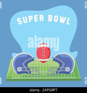 Ball und Helme über dem Felddesign, Super Bowl american Football Sport Hobby Wettbewerb Spiel Trainingsausrüstung Tournement und Spiel Thema Vector Illustration Stock Vektor