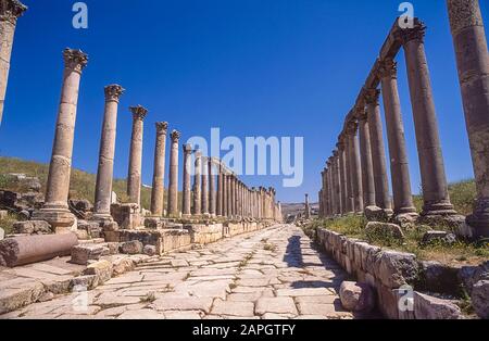 Jordanien. Kolonnaden an der einst Hauptstraße der alten römischen Stadt Jerash unweit der jordanischen Hauptstadt Amman im Nahen Osten Stockfoto