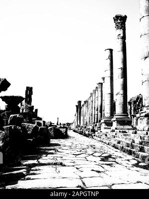 Jordanien. Kolonnaden in krassem Monochrom auf der einstmals Hauptstraße der antiken römischen Stadt Jerash unweit der jordanischen Hauptstadt Amman im Nahen Osten Stockfoto