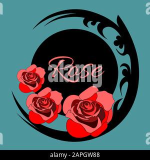 Drei rote Rosen von schwarz verzierten Mustern, blauer Hintergrund, Text "Rose" Stock Vektor