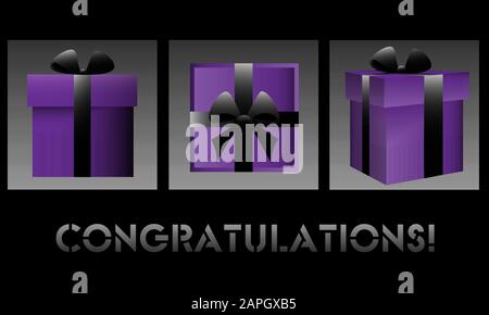 Realistische violette Geschenkschachteln aus drei Blickwinkeln zum Verkauf oder zur Begrüßung Stock Vektor