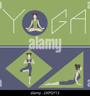 Yoga Concept Art. Frau, die Asanas in geometrischen Figuren macht. Wellness und gesunder Lebensstil Stock Vektor