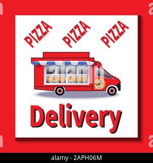 Roter Pizza-Truck. Pizzawagen mit Sonnenschutz über Schaufenster. Lieferservice. Weißes Banner auf rotem Hintergrund. Essen, Pizzeria, Online-Bestellung, expres Stock Vektor